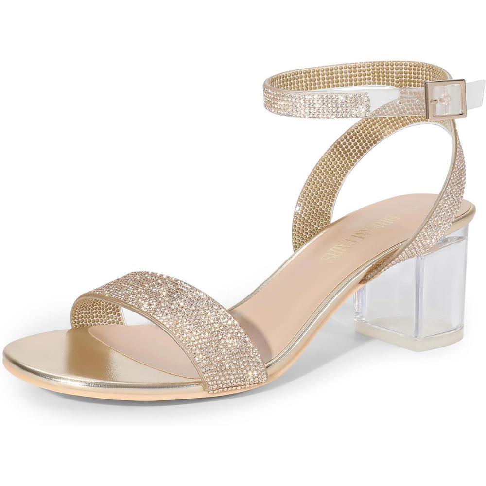 imageDREAM PAIRS Womens Open Toe Ankle Strap Low Block Chunky Heels Sandals Party Dress Pumps ShoesGoldClearrhinestone