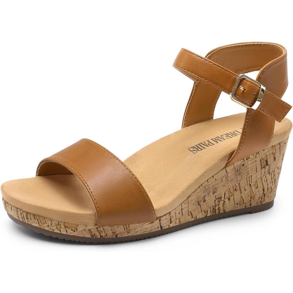imageDREAM PAIRS Womens Open Toe Buckle Ankle Strap Platform Wedge Sandals Women 2025CamelPu