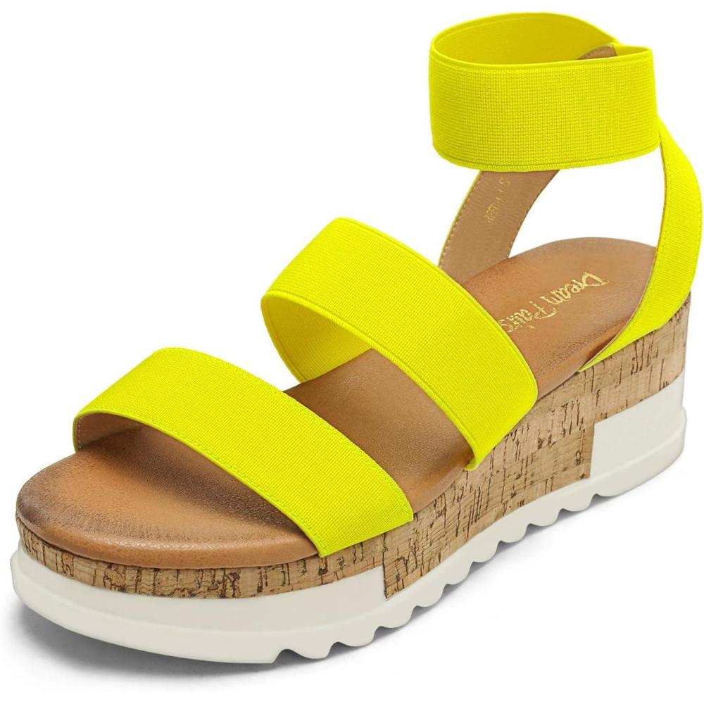 imageDREAM PAIRS Womens Open Toe Elastic Ankle Strap Casual Flatform Platform Wedges SandalsNeonLime