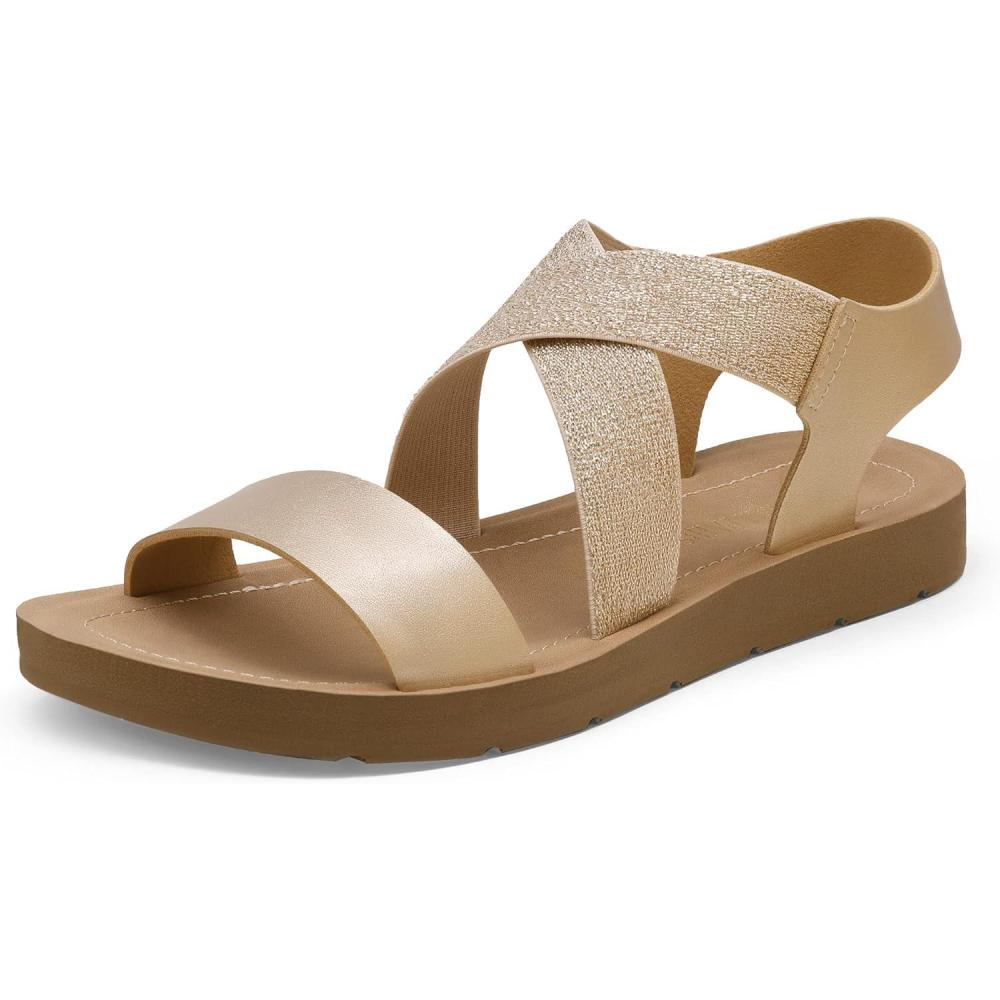 imageDREAM PAIRS Womens Open Toe Elastic Ankle Strap Flat Summer SandalsGold