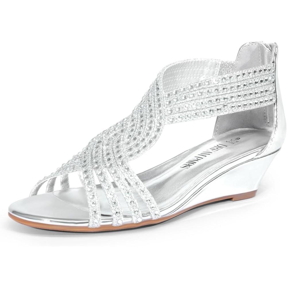 imageDREAM PAIRS Womens Open Toe Low Wedges Sandals Rhinestone Strappy Zipper Dress Shoes Summer Wedding Party Travel ShoesSilverpat