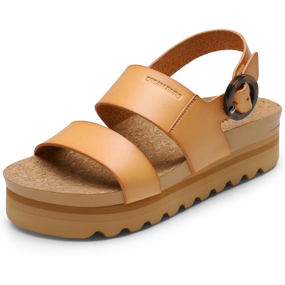 imageDREAM PAIRS Womens Orthopedic Arch Support Platform Sandals Comfortable Cork Insole Low Wedges Sandals Flatform Summer Dress Shoes Cute Buckle Wedges for BeachNatural