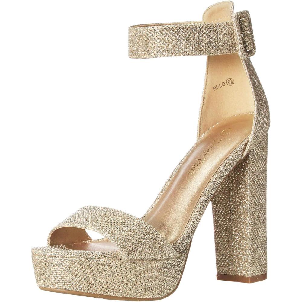 imageDREAM PAIRS Womens Platform Heel Sandals Open Toe Ankle Strap Heel Fashion Wedding Party Dress Sandals ShoesGoldGlitter