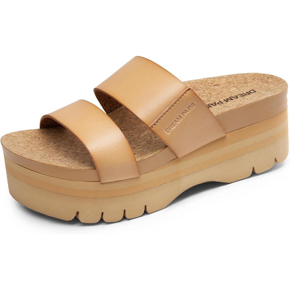 imageDREAM PAIRS Womens Platform Slides Sandals Comfortable Arch Support Footbed Two Strap Slipon Fashion Beach Wedge SandalsNude