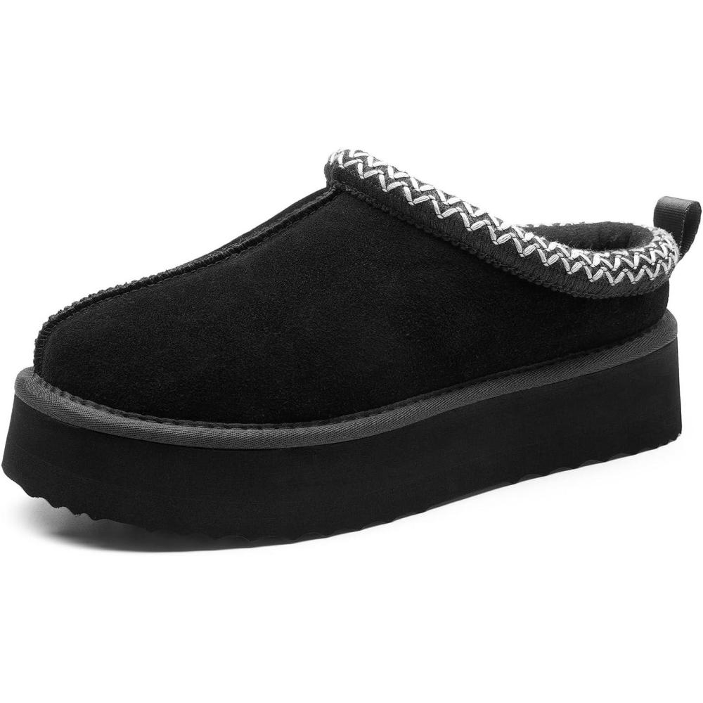 imageDREAM PAIRS Womens Platform Slippers Genuine Suede Slipon Warm FuzzyEasy Autumn Winter Fluffy Comfy Furry Shoes for Outdoor IndoorBlack