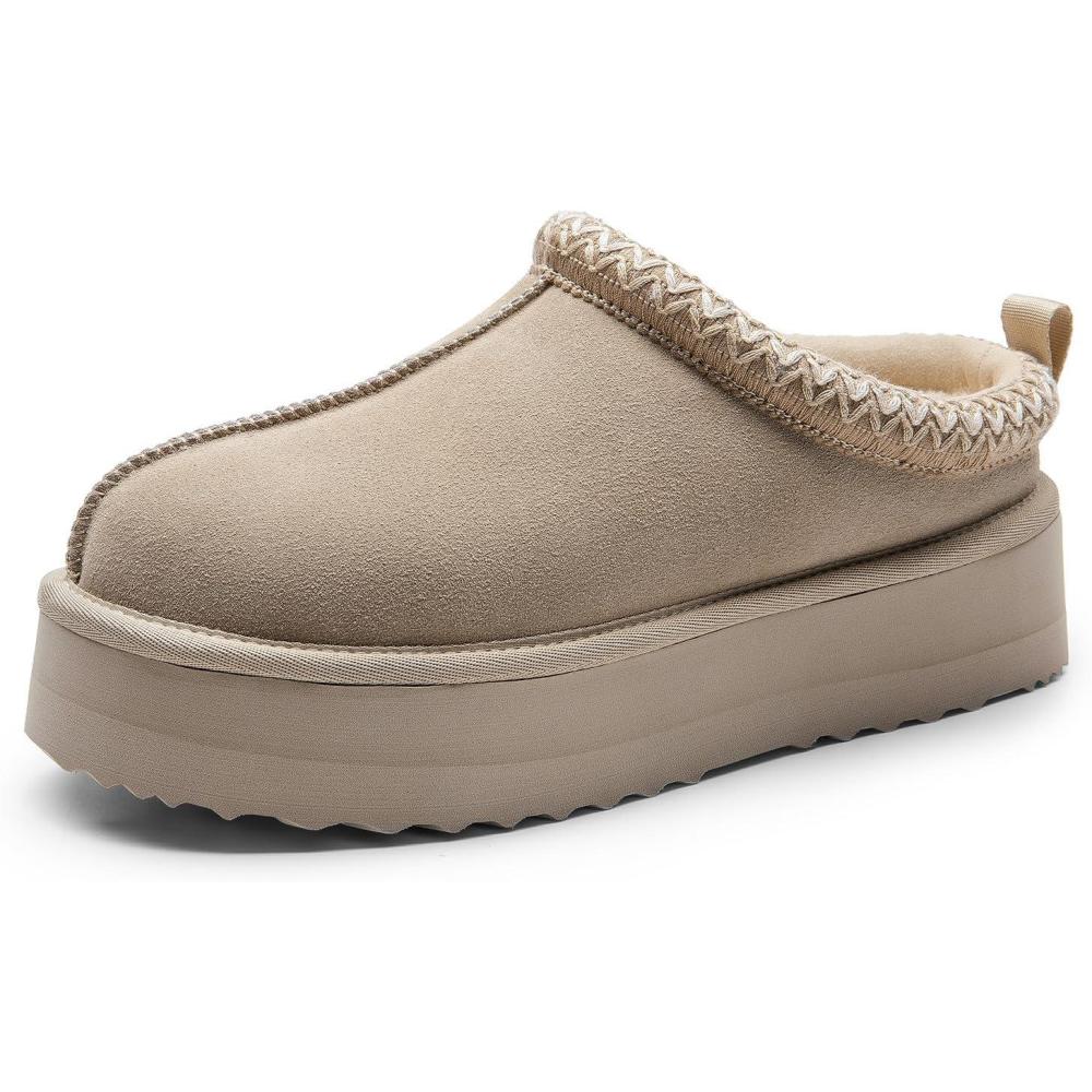 imageDREAM PAIRS Womens Platform Slippers Genuine Suede Slipon Warm FuzzyEasy Autumn Winter Fluffy Comfy Furry Shoes for Outdoor IndoorSand