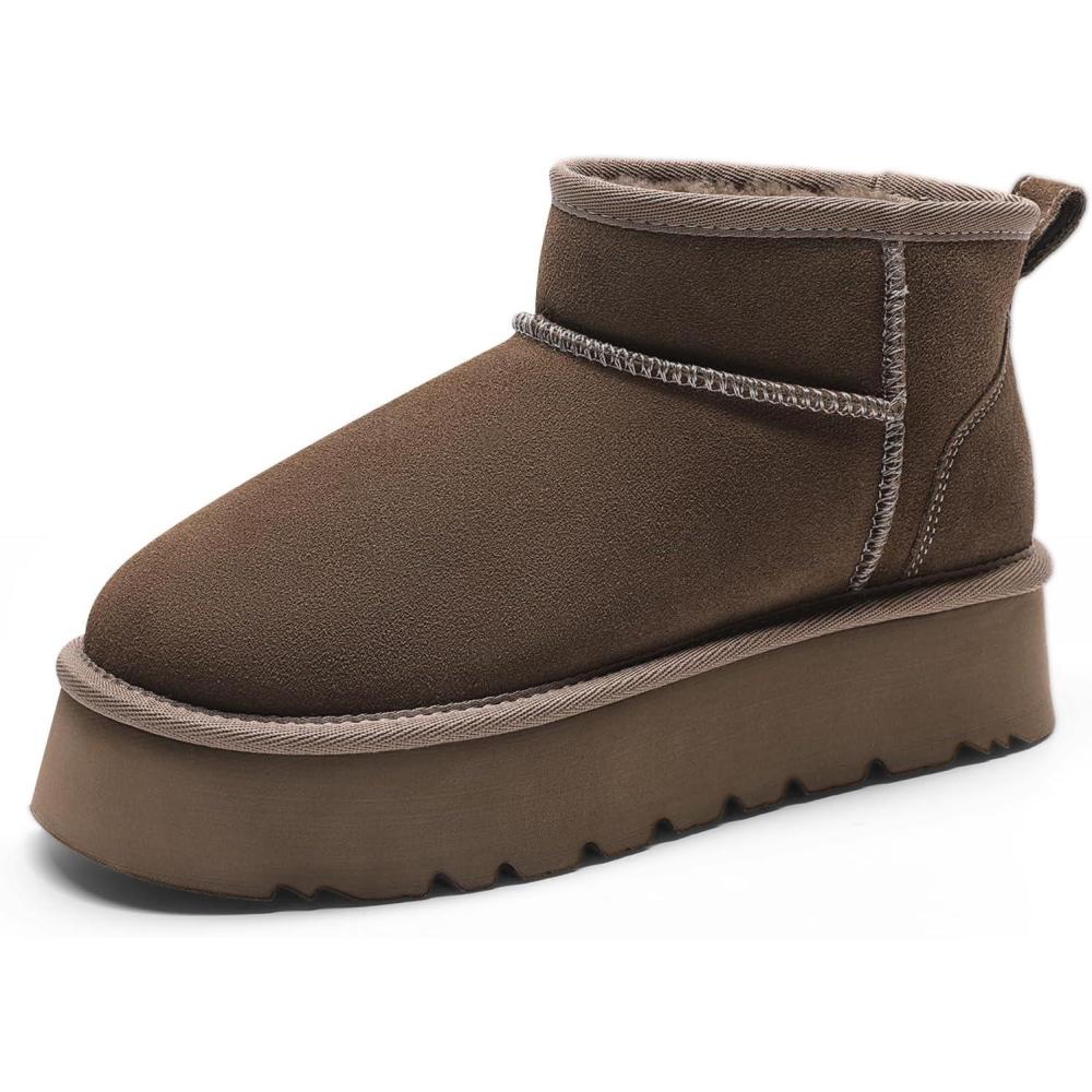 imageDREAM PAIRS Womens Platform Winter Snow Boots Genuine Suede Water Resistant Mini Ankle Boots Stable Lightweight Booties AntiSlip with Memory Foam Outdoor FuzzyTaupe