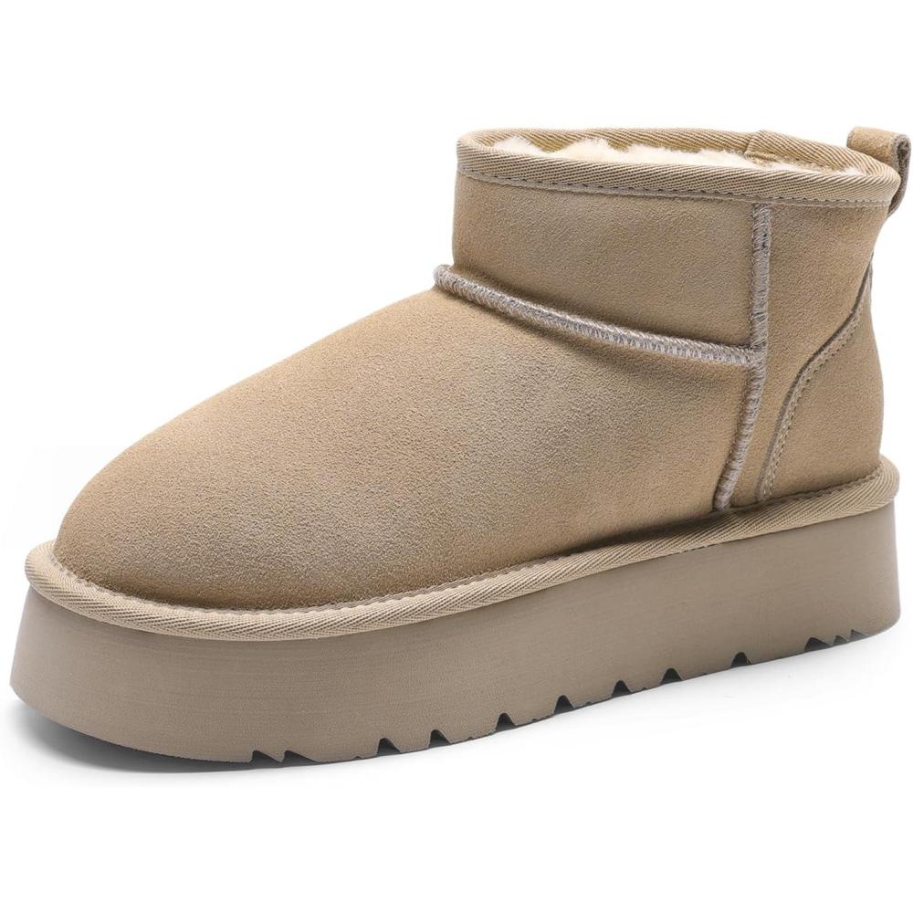 imageDREAM PAIRS Womens Platform Winter Snow Boots Genuine Suede Water Resistant Mini Ankle Boots Stable Lightweight Booties AntiSlip with Memory Foam Outdoor FuzzySand