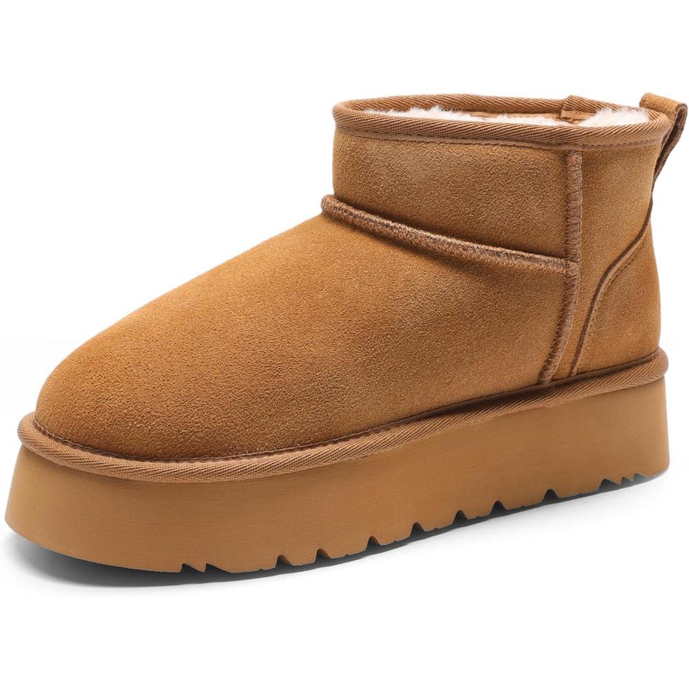 imageDREAM PAIRS Womens Platform Winter Snow Boots Genuine Suede Water Resistant Mini Ankle Boots Stable Lightweight Booties AntiSlip with Memory Foam Outdoor FuzzyChestnut