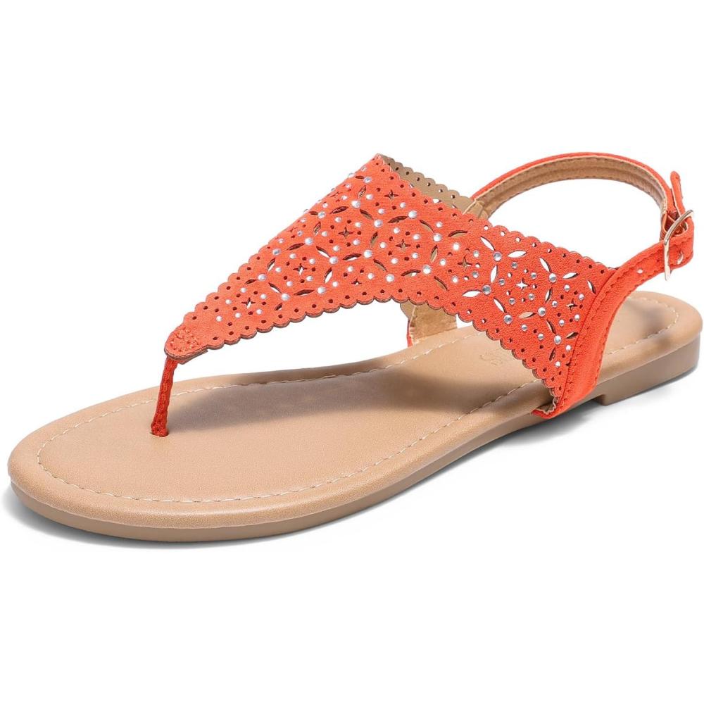 imageDREAM PAIRS Womens Rhinestone Casual Wear Cute Gladiator Flat Sandals Beach Dressy TStrap Thong SandalsOrange