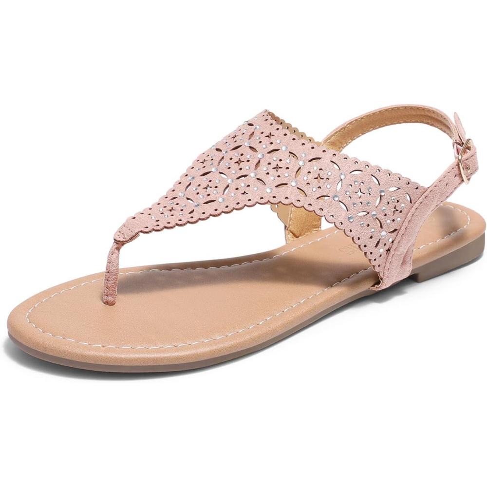 imageDREAM PAIRS Womens Rhinestone Casual Wear Cute Gladiator Flat Sandals Beach Dressy TStrap Thong SandalsPink