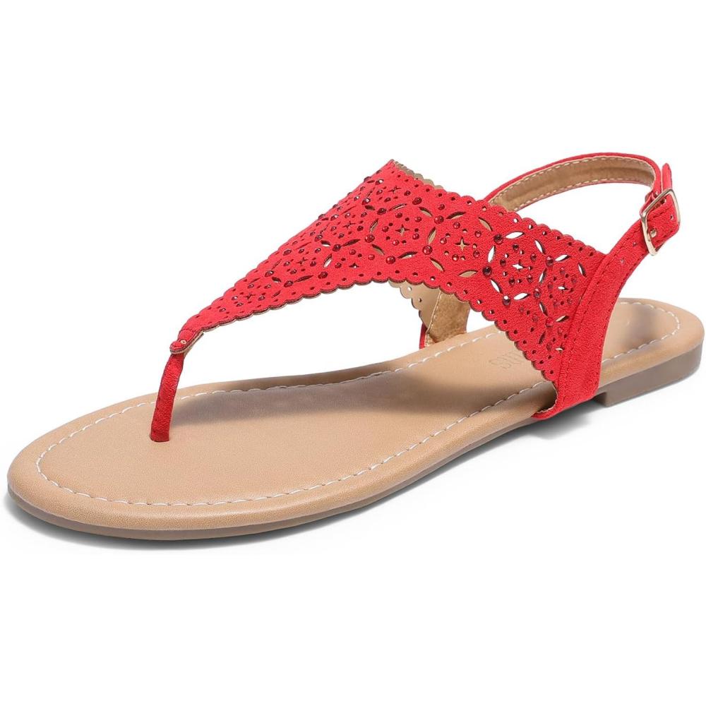 imageDREAM PAIRS Womens Rhinestone Casual Wear Cute Gladiator Flat Sandals Beach Dressy TStrap Thong SandalsRed