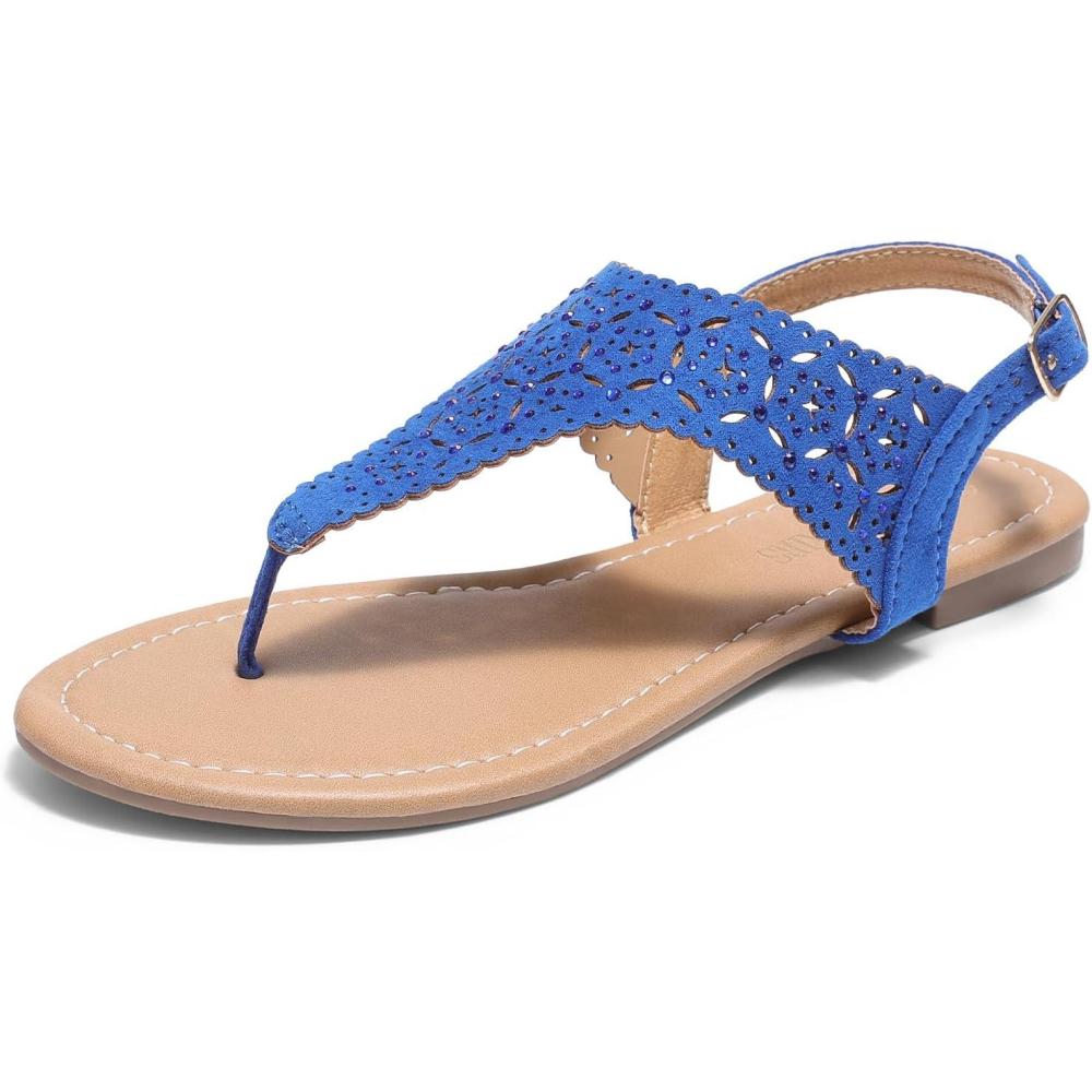 imageDREAM PAIRS Womens Rhinestone Casual Wear Cute Gladiator Flat Sandals Beach Dressy TStrap Thong SandalsRoyalBlue