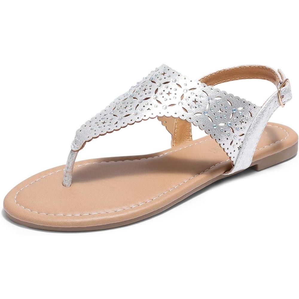 imageDREAM PAIRS Womens Rhinestone Casual Wear Cute Gladiator Flat Sandals Beach Dressy TStrap Thong SandalsSilver