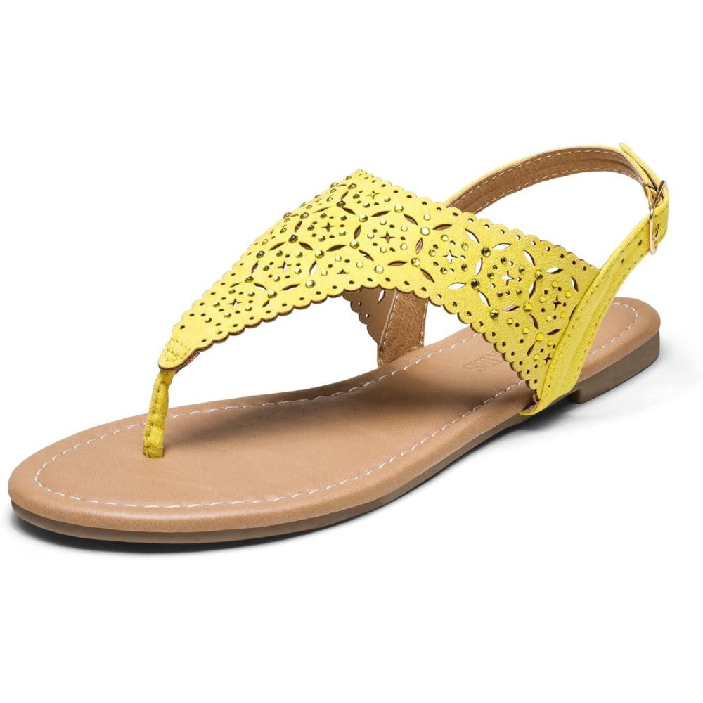 imageDREAM PAIRS Womens Rhinestone Casual Wear Cute Gladiator Flat Sandals Beach Dressy TStrap Thong SandalsYellow