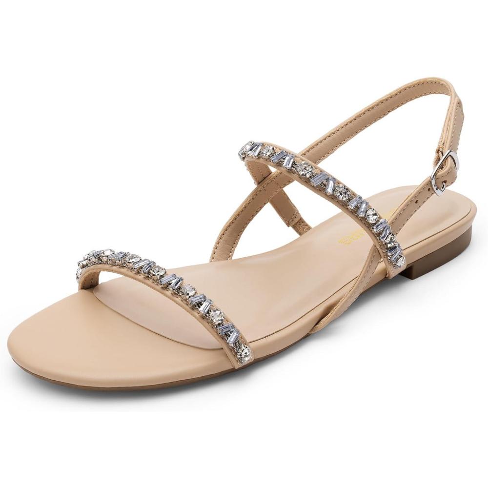 imageDREAM PAIRS Womens Rhinestone Sandals Open Toe Casual Dressy Sparkly Comfortable Flat Summer ShoesNude