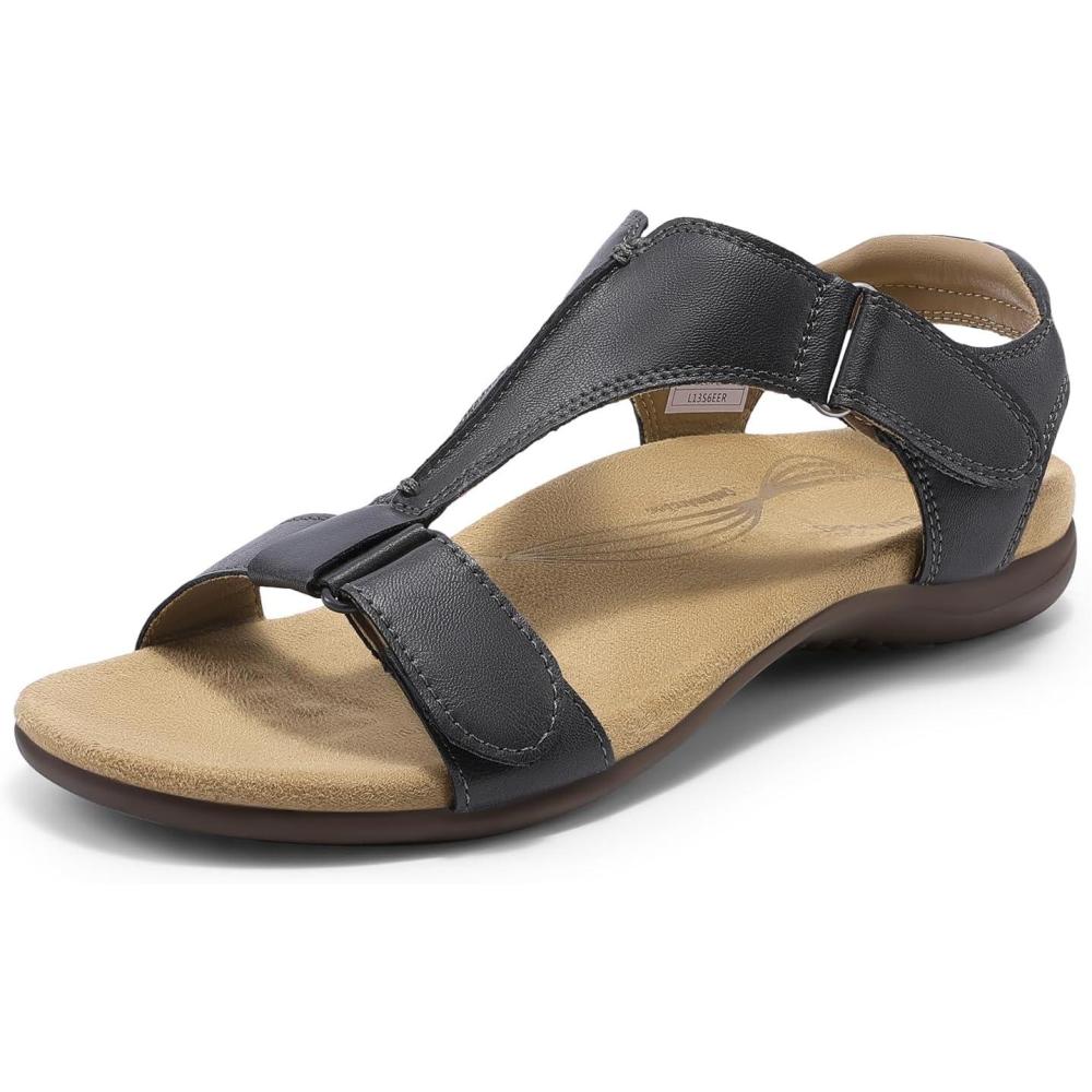 imageDREAM PAIRS Womens Sandals Arch Support TStrap Orthopedic Flat Sandals Comfortable Summer ShoesGrey