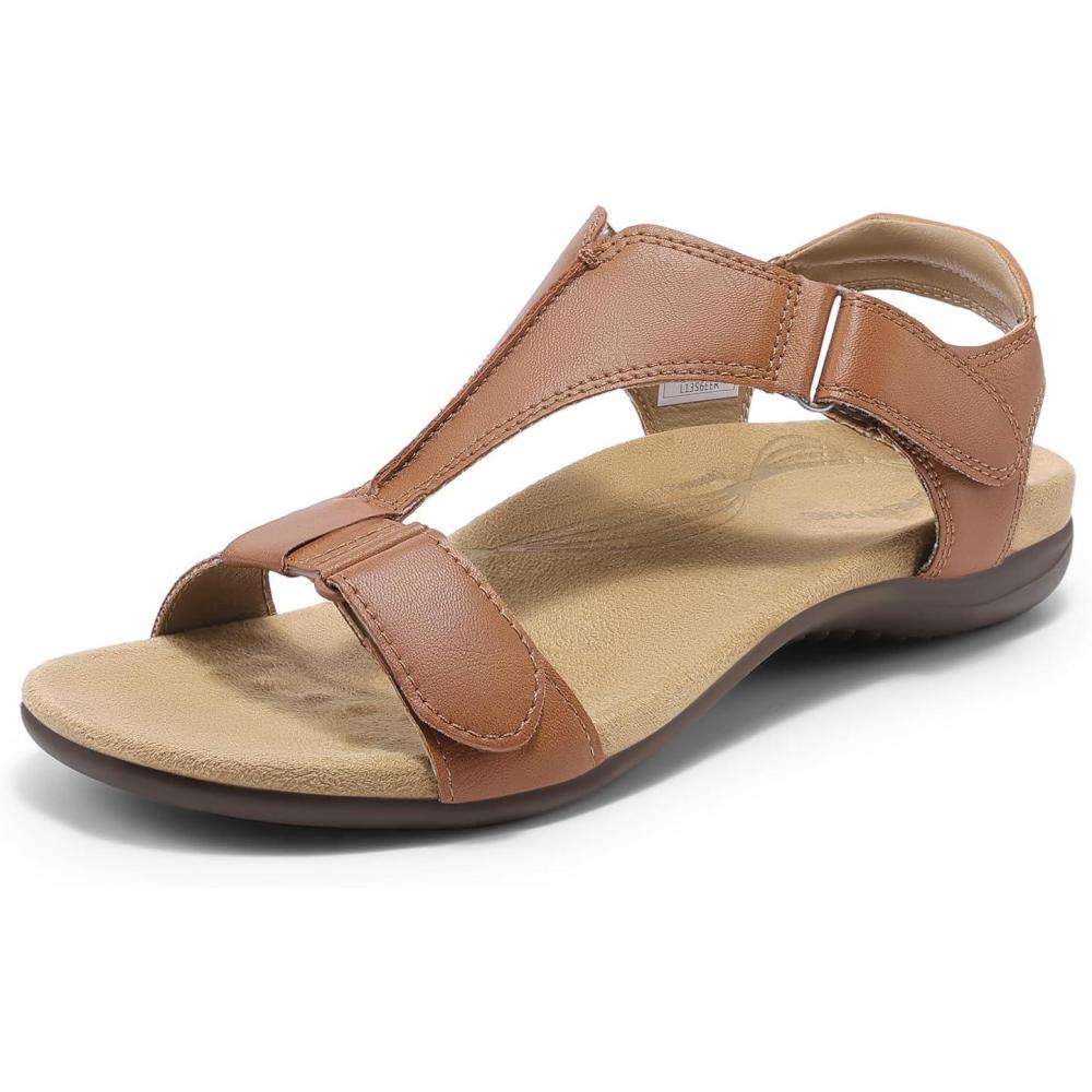 imageDREAM PAIRS Womens Sandals Arch Support TStrap Orthopedic Flat Sandals Comfortable Summer ShoesTan