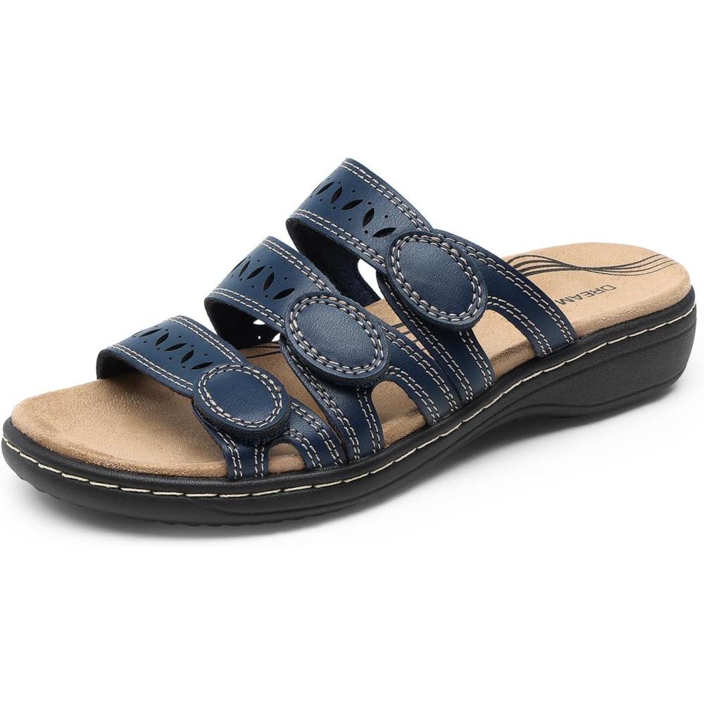 imageDREAM PAIRS Womens Slide Sandals Comfortable Arch Support Casual Walking Sandals Adjustable Straps Slip On Low Wedge Flat SandalsNavy