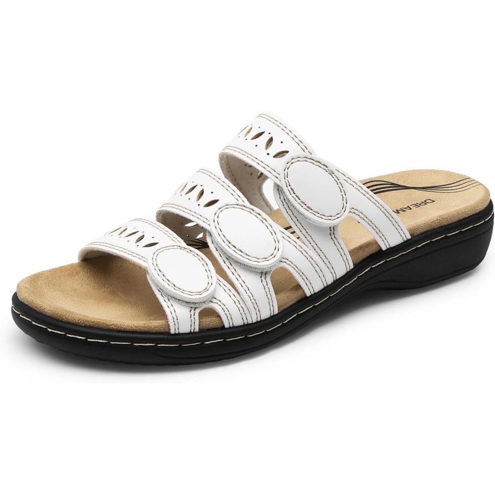imageDREAM PAIRS Womens Slide Sandals Comfortable Arch Support Casual Walking Sandals Adjustable Straps Slip On Low Wedge Flat SandalsWhite