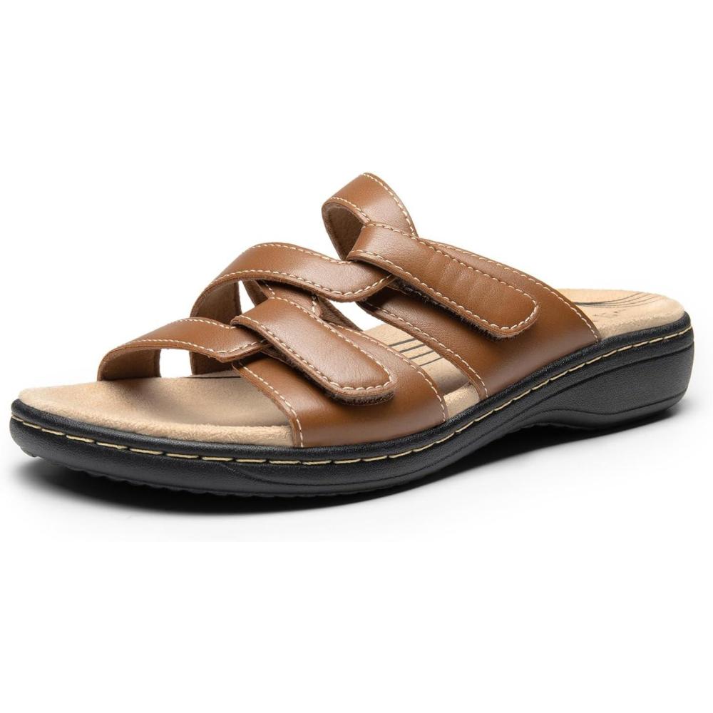 imageDREAM PAIRS Womens Slides Arch Support Slip on Flat Sandals Comfort Plantar Fasciitis Soft Cushion Slippers With Adjustable StrapsTan