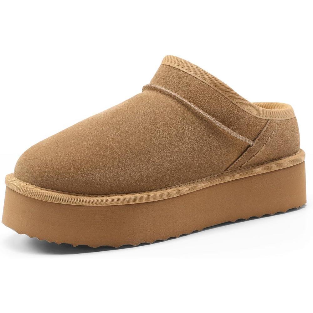 imageDREAM PAIRS Womens Slippers Platform Genuine Suede SlipOn Memory Foam Cozy Fluffy Warm Comfy Furry House Shoes for Outdoor IndoorChestnut