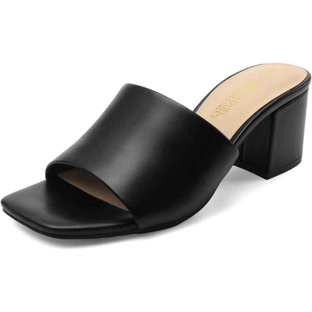 imageDREAM PAIRS Womens Square Open Toe Heels Sandals Low Block Chunky Heeled Sandals Slide Sandals Slip on Comfortable Casual Pumps ShoesBlackpu