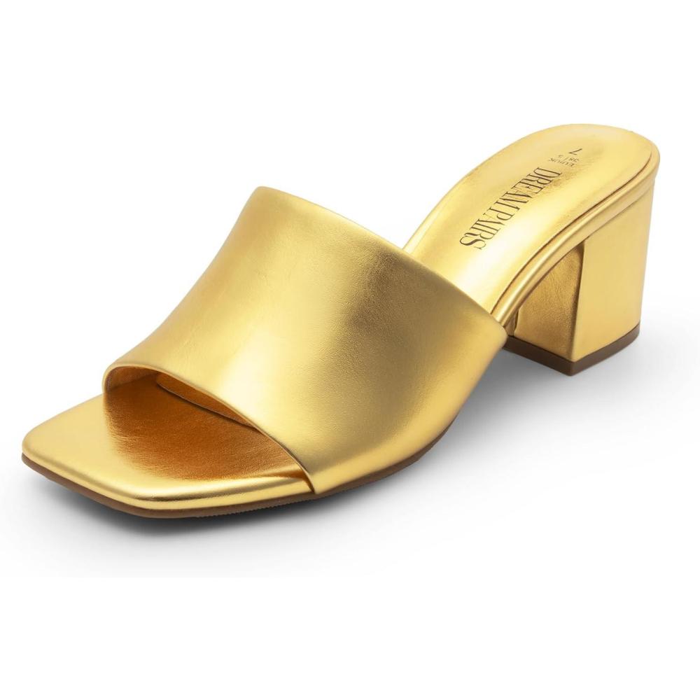 imageDREAM PAIRS Womens Square Open Toe Heels Sandals Low Block Chunky Heeled Sandals Slide Sandals Slip on Comfortable Casual Pumps ShoesGoldpu