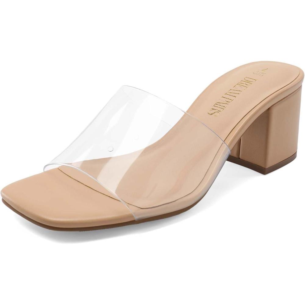 imageDREAM PAIRS Womens Square Open Toe Heels Sandals Low Block Chunky Heeled Sandals Slide Sandals Slip on Comfortable Casual Pumps ShoesNudeclear