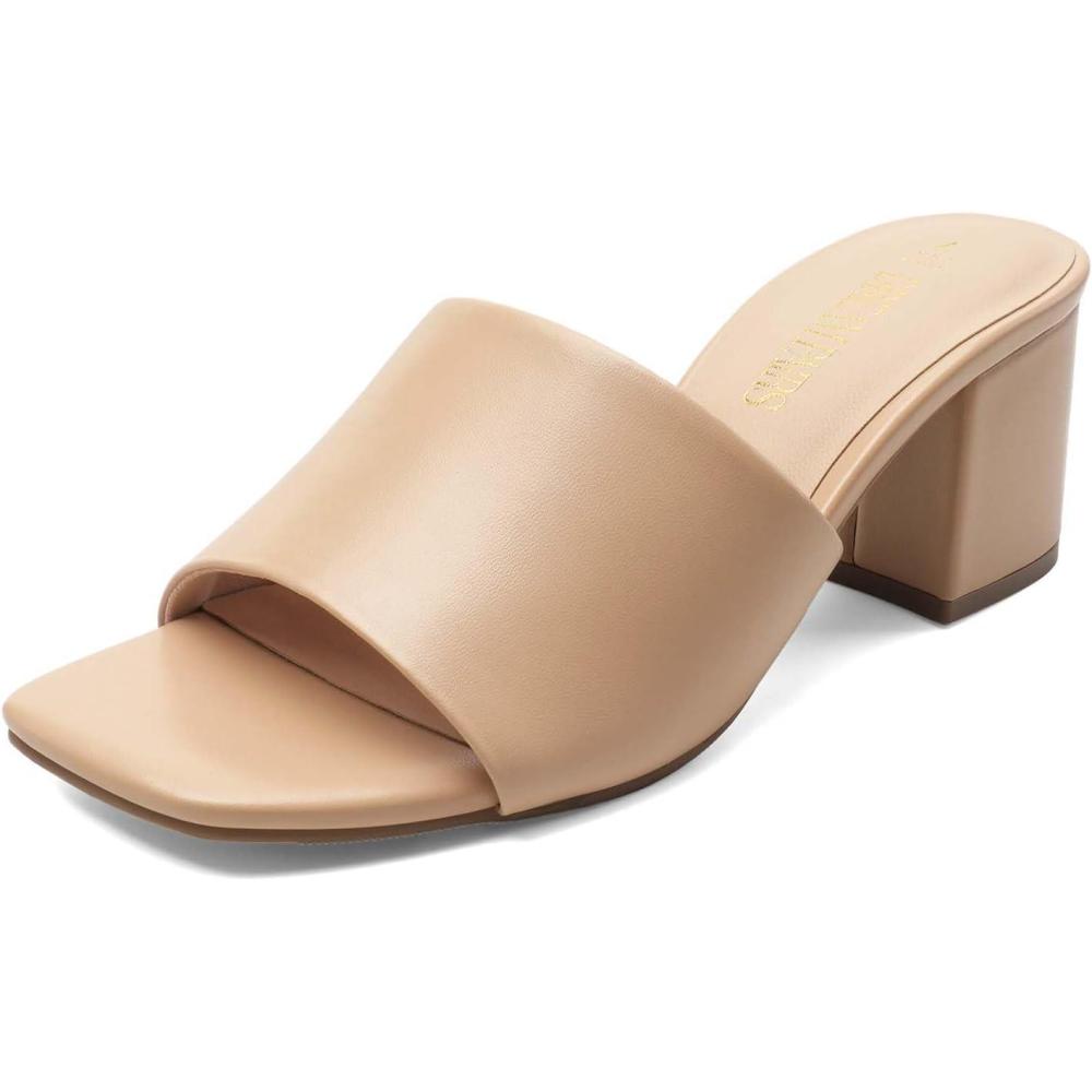 imageDREAM PAIRS Womens Square Open Toe Heels Sandals Low Block Chunky Heeled Sandals Slide Sandals Slip on Comfortable Casual Pumps ShoesNudepu