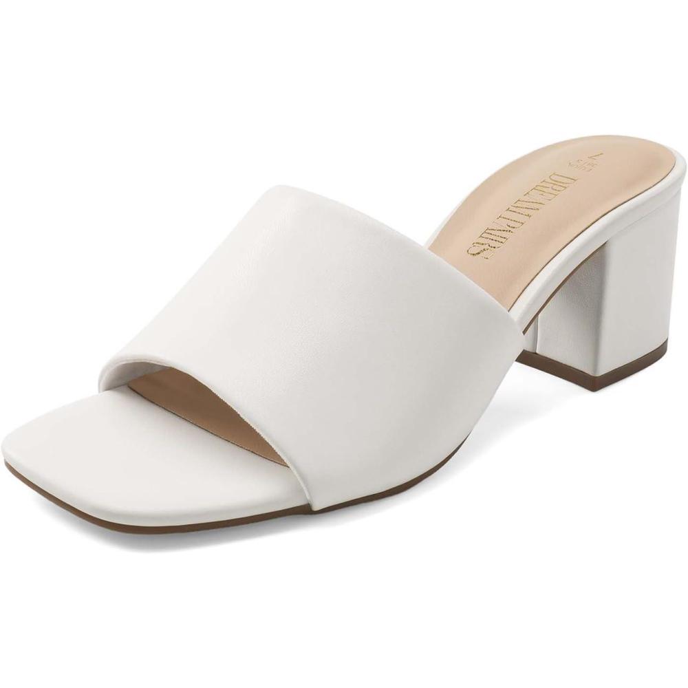 imageDREAM PAIRS Womens Square Open Toe Heels Sandals Low Block Chunky Heeled Sandals Slide Sandals Slip on Comfortable Casual Pumps ShoesWhitepu