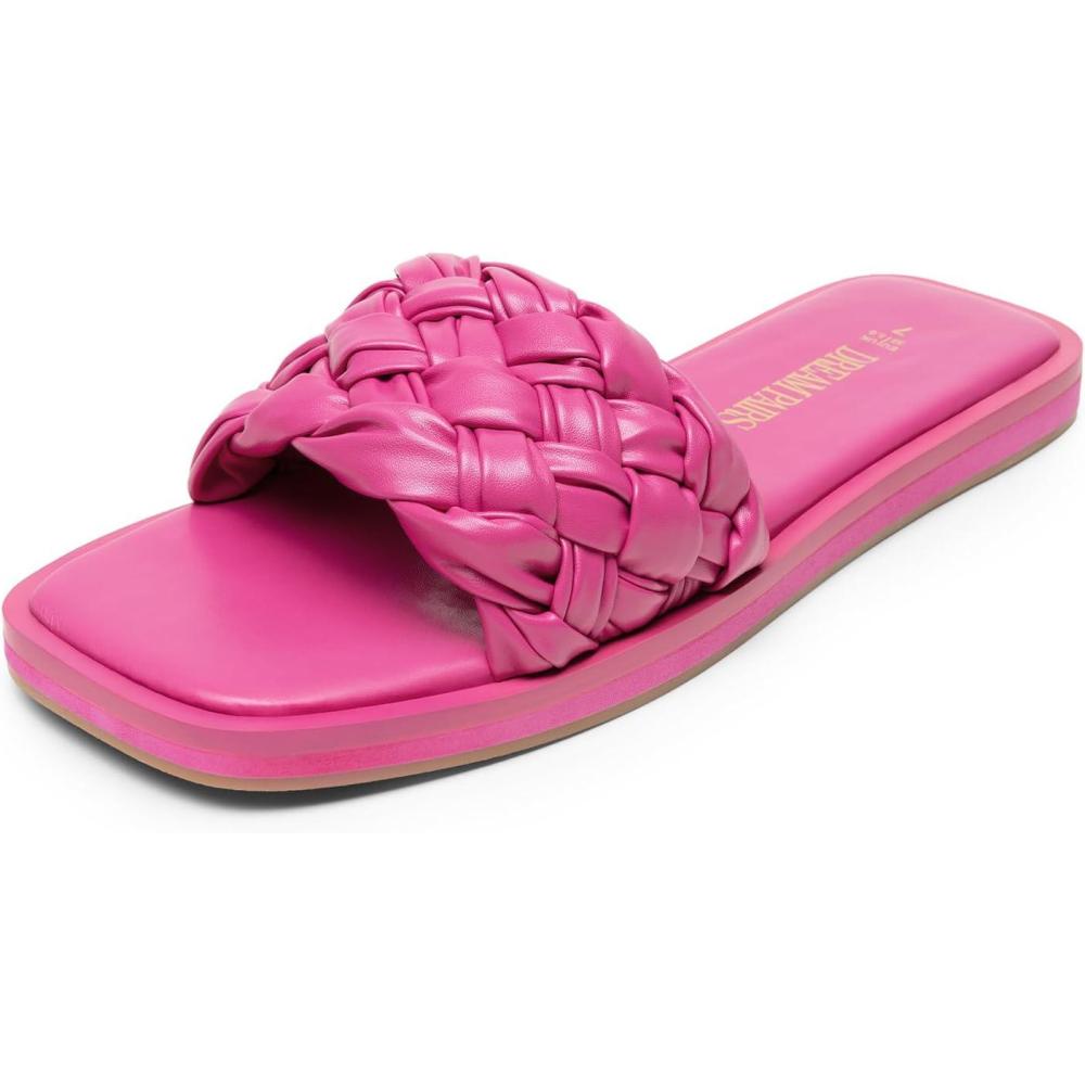 imageDREAM PAIRS Womens Square Open Toe Slide Sandals Cute Slip on Braided Slides Flat Sandals for SummerHot Pink