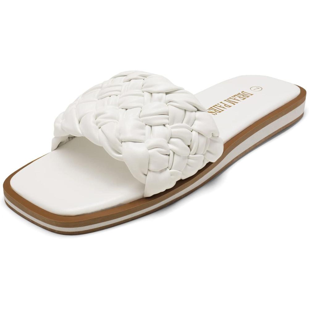 imageDREAM PAIRS Womens Square Open Toe Slide Sandals Cute Slip on Braided Slides Flat Sandals for SummerWhiteWeave