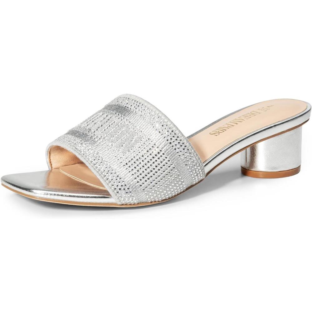 imageDREAM PAIRS Womens Square Open Toe Slip on Heels for women Low Block Chunky Heeled Sandals Slide Sandals Comfortable Casual Fashion Pumps ShoesSilverrhinestone