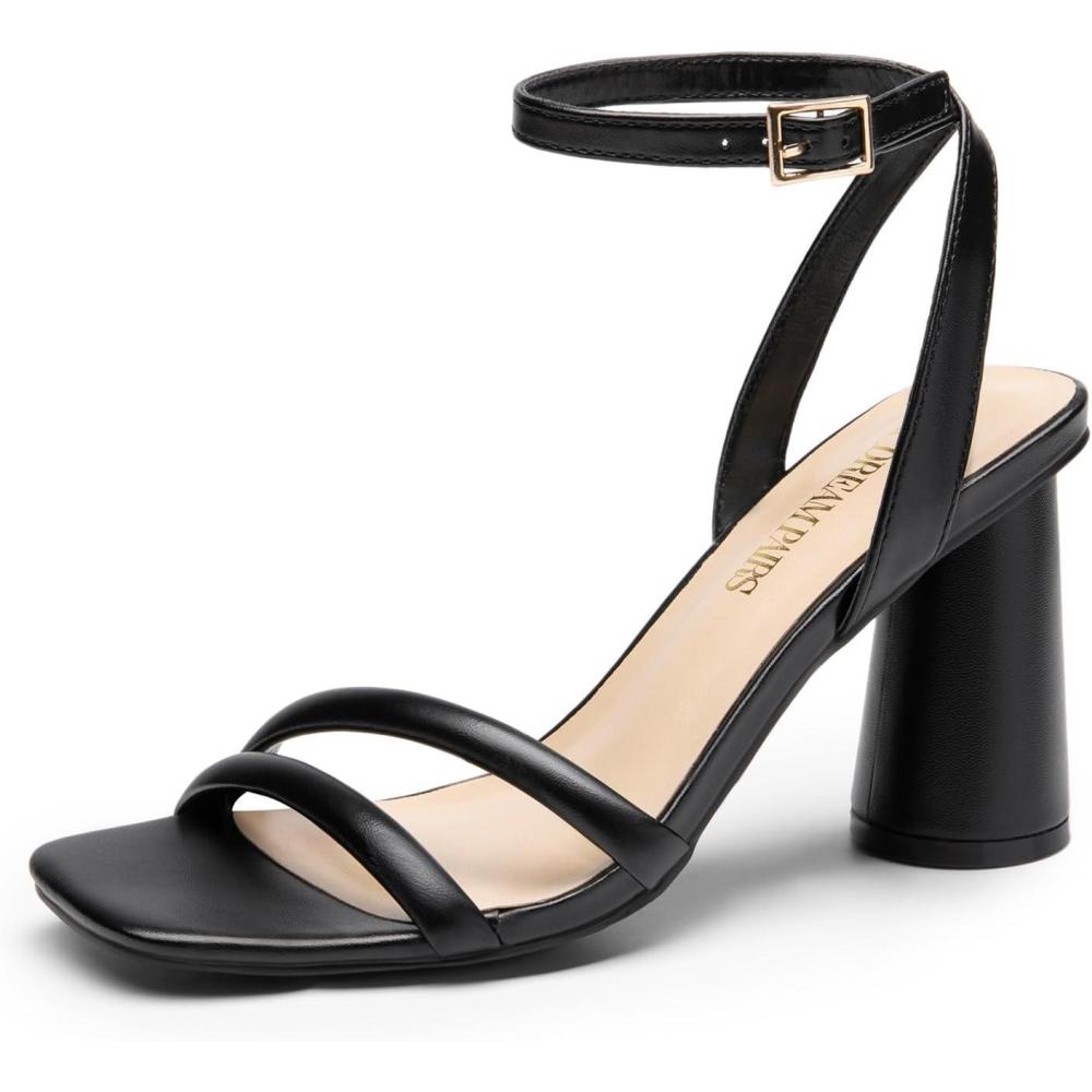 imageDREAM PAIRS Womens Strappy Round Heels Open Square Toe Ankle Strap Party Sandals Dress ShoesBlackpu
