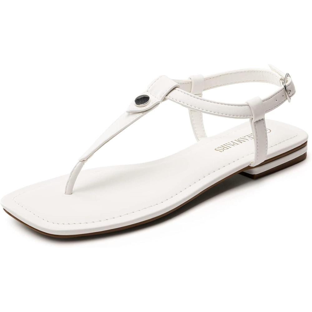 imageDREAM PAIRS Womens TStrap Thong Flat Sandals with Cute Square Toe Strappy for SummerWhite