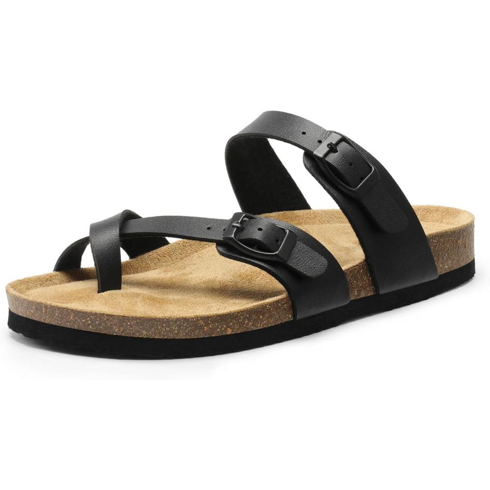 imageDREAM PAIRS Womens Thong Slide Sandals with Cork Footbed Open Toe Adjustable Slip On Slippers Comfort Flat Sandals for SummerBlack