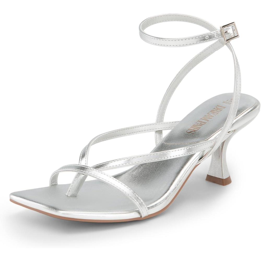 imageDREAM PAIRS Womens kitten Low Strappy Lace Up Heels Open Square Toe Thong Ankle Strap Heels Sexy Fashion Comfort Dress Shoes Party Sylvestra Pumps Heeled SandalsSilverpu