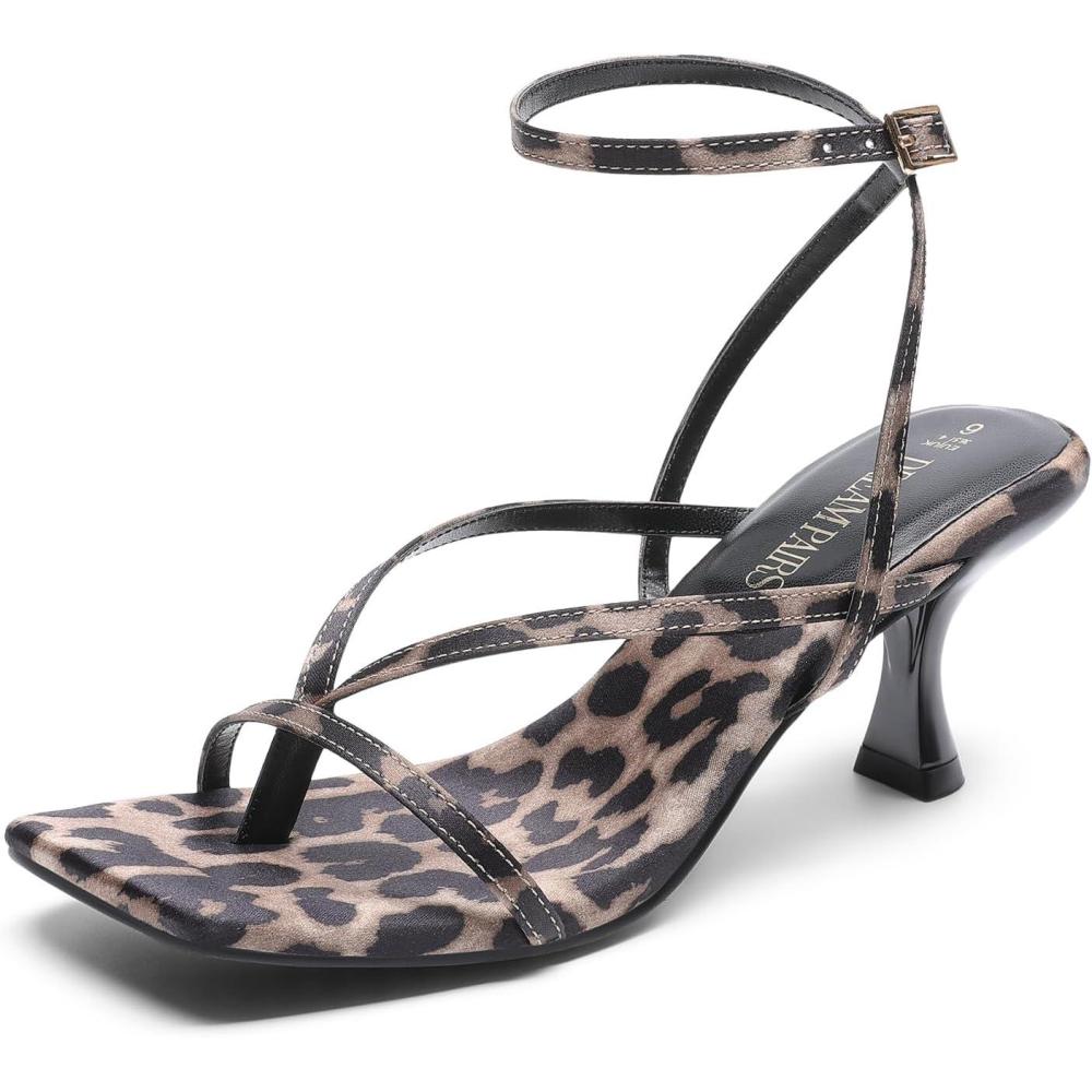 imageDREAM PAIRS Womens kitten Low Strappy Lace Up Heels Open Square Toe Thong Ankle Strap Heels Sexy Fashion Comfort Dress Shoes Party Sylvestra Pumps Heeled SandalsLeopard