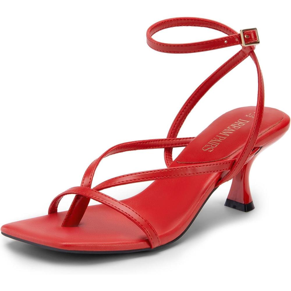 imageDREAM PAIRS Womens kitten Low Strappy Lace Up Heels Open Square Toe Thong Ankle Strap Heels Sexy Fashion Comfort Dress Shoes Party Sylvestra Pumps Heeled SandalsRedpu