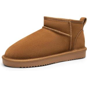 DREAM PAIRS Ankle Winter Mini Boots for Women Genuine Suede Faux Fur Lining Water Resistant Warm Snow Boots Slip On Memory Foam Comfort Booties FuzzyClassic(Chestnut)