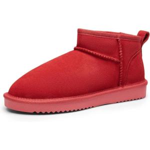 DREAM PAIRS Ankle Winter Mini Boots for Women Genuine Suede Faux Fur Lining Water Resistant Warm Snow Boots Slip On Memory Foam Comfort Booties FuzzyClassic(Red)
