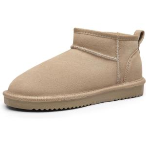 DREAM PAIRS Ankle Winter Mini Boots for Women Genuine Suede Faux Fur Lining Water Resistant Warm Snow Boots Slip On Memory Foam Comfort Booties FuzzyClassic(Sand)