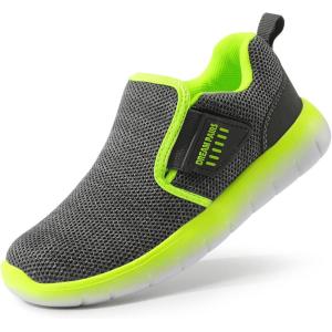 DREAM PAIRS Boys Girls Shoes Kids Slip on Tennis EZ-Ons MightyMovers Running Athletic Barefoot Zero Drop Sports Sneakers(Grey/Neon)