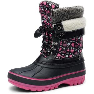 DREAM PAIRS Boys Girls Snow Boots Water-Resistant Outdoor Warm Cozy Anti-Slip Mid Calf Faux Fur Lining Insulated Winter Shoes for Little/Big Kids(Black/Fuxia)