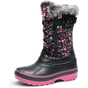 DREAM PAIRS Boys Girls Snow Boots Water-Resistant Outdoor Warm Cozy Anti-Slip Mid Calf Faux Fur Lining Insulated Winter Shoes for Little/Big Kids(Black/Pink)