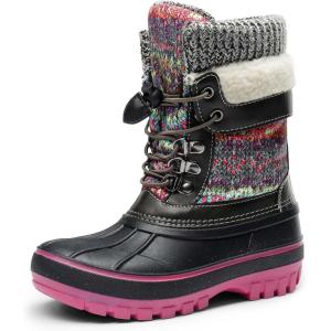 DREAM PAIRS Boys Girls Snow Boots Water-Resistant Outdoor Warm Cozy Anti-Slip Mid Calf Faux Fur Lining Insulated Winter Shoes for Little/Big Kids(Grey/Fuchsia)