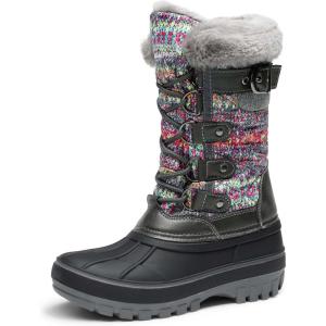 DREAM PAIRS Boys Girls Snow Boots Water-Resistant Outdoor Warm Cozy Anti-Slip Mid Calf Faux Fur Lining Insulated Winter Shoes for Little/Big Kids(Grey/Multi)