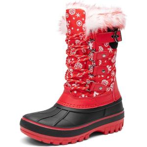 DREAM PAIRS Boys Girls Snow Boots Water-Resistant Outdoor Warm Cozy Anti-Slip Mid Calf Faux Fur Lining Insulated Winter Shoes for Little/Big Kids(Red/Black)