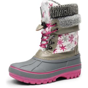 DREAM PAIRS Boys Girls Snow Boots Water-Resistant Outdoor Warm Cozy Anti-Slip Mid Calf Faux Fur Lining Insulated Winter Shoes for Little/Big Kids(White/Fauxia)